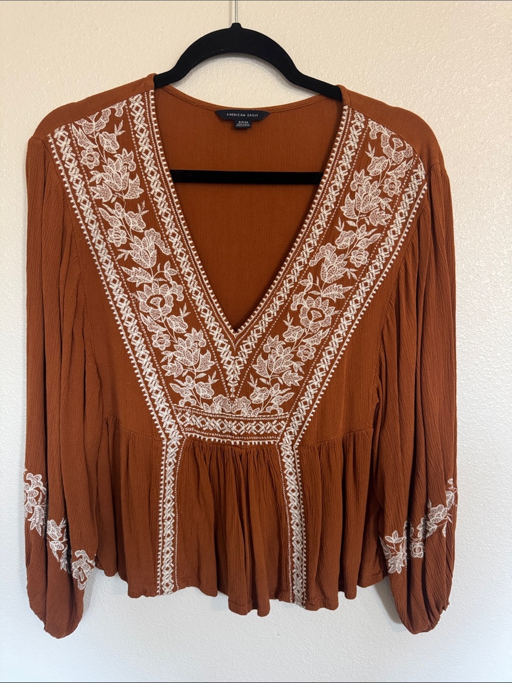 American Eagle Outfitters rust brown V-neck Embroidered Blouse